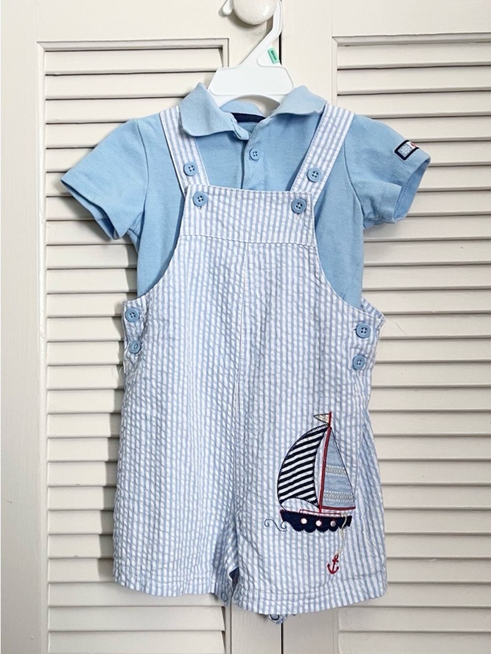 Little Me Light Blue Seersucker Sailboat Shortalls